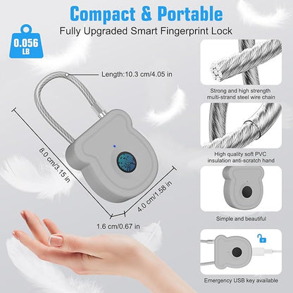 Smart Fingerprint Padlock for Luggage - 20 User Capacity, USB Key & Emergency Code, Keyless Biometric Lock for Gym Locker, Suitcase, Backpack, Toolbox & Handbag (Grey)