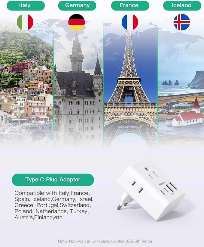 2 Pack European Travel Plug Adapter, International Power Adapter with 4 Outlets 4 USB C Ports (2 USB C), Type C Adapter for US to Most of Europe EU Italy Spain Greece Portugal France Germany