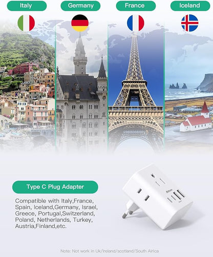 2 Pack European Travel Plug Adapter, International Power Adapter with 4 Outlets 4 USB C Ports (2 USB C), Type C Adapter for US to Most of Europe EU Italy Spain Greece Portugal France Germany