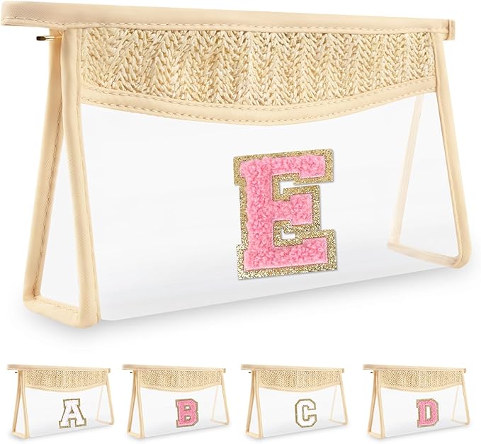 Small Boho Straw Initial Letter Makeup Bag Personalized Gift ,Cute Clear Chenille Patch Makeup Bag With Zipper,Trendy TSA Approved Travel Toiletry Bag,Gift for Women Girls Birthday Friend, Letter E