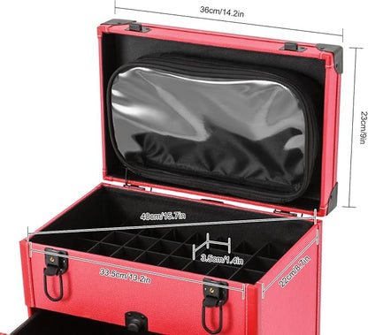 Rolling Makeup Case w/ 2 Keys, 3-tier Lockable Makeup Train Case w/ Drawers, Removable Baffle Nail Polish Organizer, Travel Cosmetic Case w/ 15-34in Telescopic Rod, 14.2*9*39.76in, Black Latch+Rose