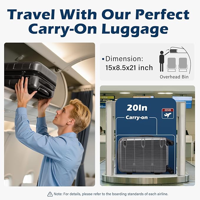 Coolife Luggage PC+ABS Hardshell Suitcase with TSA Lock, Spinner Carry On Lightweight（Charcoal, 20in）