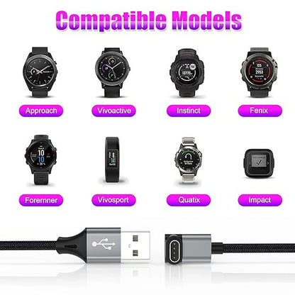 AGVEE 2 Pack 1.5ft Short Charger for Garmin Watch, L-Shape Charging Cable for Fenix, Forerunner, Vivoactive, Instinct, Venu, Tactix, Approach, D2, Quatix Series, Right Angle Braided, Dark Gray