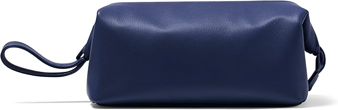 Leatherology Navy Blue Framed Toiletry Bag – Full Grain Leather Dopp Kit for Men with Wide-Mouth Opening, Interior & Exterior Zippered Pockets, Water-Resistant Lining