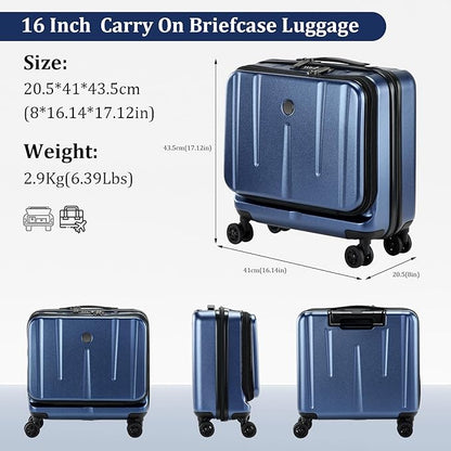 16" Carry On Briefcase Luggage with 2 Laptop Compartments, Lightweight Hardshell Suitcase with Spinner Silent Wheels, for Commute Work Business Trip, Dark Blue