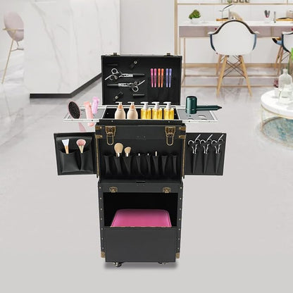Beauty Rolling Makeup Train Case, Professional Lockable Rolling Salon Luggage, Retro-Rolling Cart Storage Organizer Trolley Make Up Case, 4 Universal Wheels, Retractable Rod, Buckle (Black)