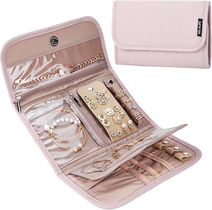 BELALIFE Travel Jewelry Case Organizer, Medium Foldable Storage Roll for Earrings, Necklaces, Rings, Bracelets, Brooches, Pink