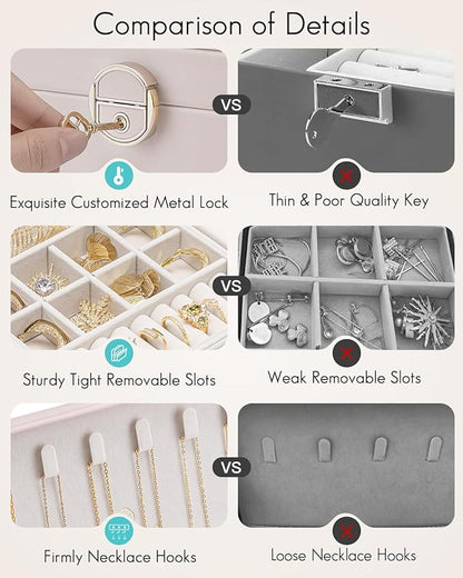 Vlando 2 Layer Jewelry Box,Jewelry Organizer Storage Lockable Earring Organizer Removable Jewelry Tray with Watch Pillow for Neckable Ring Bracelets-Apricot Pink
