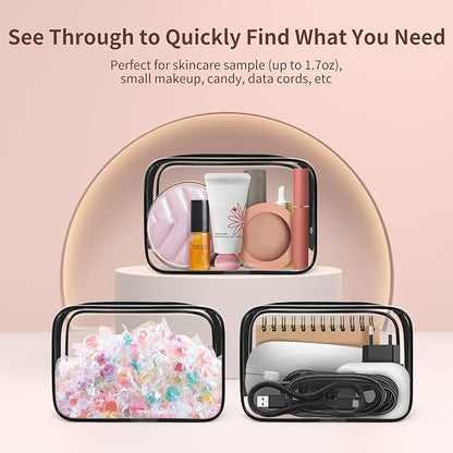TISRATOK 12 PCS Clear Makeup Bag for Women with Zipper, TSA Approved Toiletry Pouch, Cosmetic Bag Bulk for Travel Organizer Essentials - Black,Small