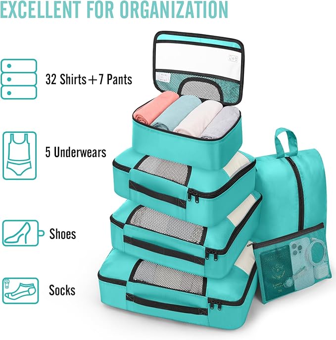 Veken 8 Set Packing Cubes for Kids, Travel Essentials Suitcase Organizer Bags in 4 Sizes, Carry-On Luggage Accessories with Laundry & Hanging Toiletry Bag, Must-Have for Airplane, Road Trip & Camping