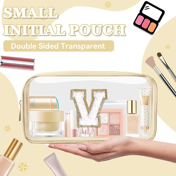 Small Clear Personalized Initial Makeup Bag, Preppy Nylon A-Z Chenille Letter Patch Makeup Organizer TSA Approved Travel Toiletry Bag,Waterproof Zip Beach Cosmetic Pouch Purse for Women(Beige-White V)