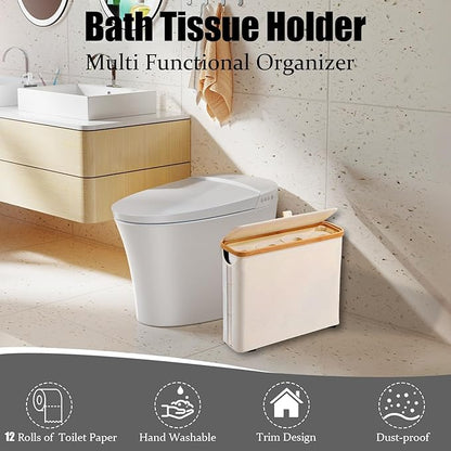 Toilet Paper Roll Storage, Bathroom Slim Toilet Paper Storage with Lid for 12 Rolls, Ultimate Bathroom Organizer with Anti-Slip Base, Beige 30L