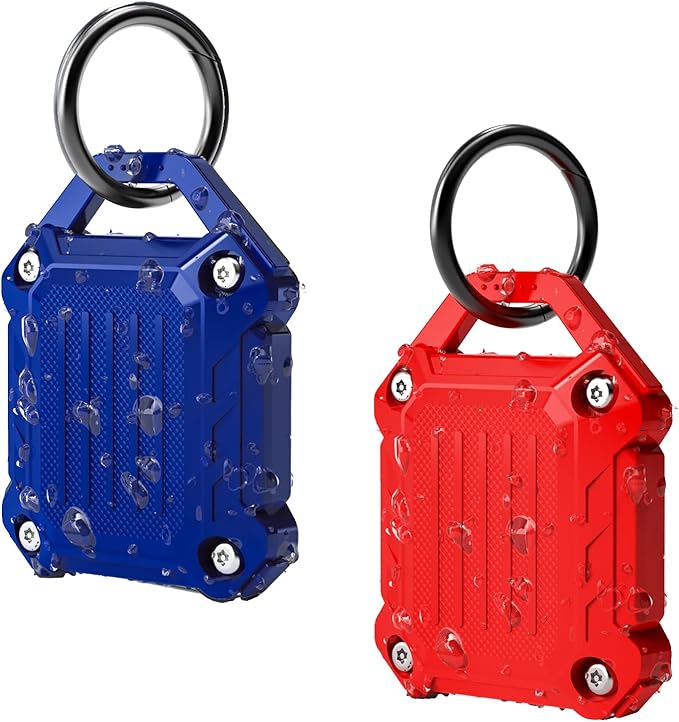 DOVICK- Waterproof Airtag Keychain Holder Case,Screw Full Cover Compatible with Apple Air Tag Tracker Key Ring 2 Pack Blue&Red