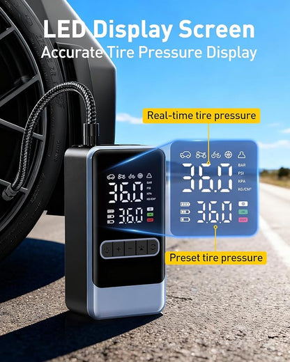 Tire Inflator Portable Air Compressor, 150PSI Cordless Air Pump for Car Tires, Electric Bike Tire Pump with Digital Pressure Gauge and LED Light, Portable Tire Inflator for Car, Moto, Bicycle