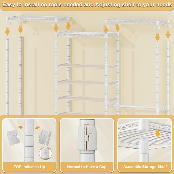 E16 Heavy Duty Clothing Rack（With 7-Tier Adjustable Shoe Rack） Freestanding Clothes Rack for Hanging Clothes，Metal Closet Storage Organizer Large Wardrobe，69'' W x 15.8'' D x 76.2'' H，White