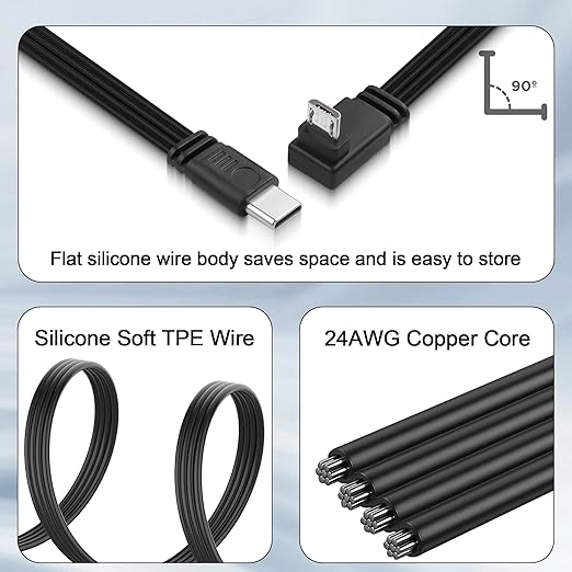 Flexible USB Type-C to Micro USB Cable,90 Degree Micro 5pin to USB C Flat Data Cable,Type C-to-Micro Short Flat Cable Supporting Charging& DataTransfer,for Phone,Camera,Laptop-30CM (Down)