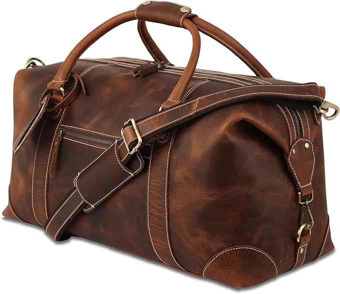 KomalC Leather Travel Duffle Bags for Men and Women Overnight Weekend Bag, Sports Gym Duffel (Dark Tan)