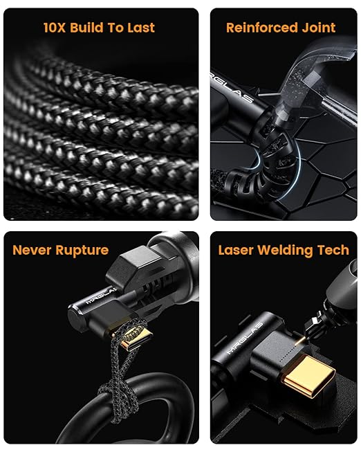 MRGLAS 3.2A USB C Charger Cable, [2-Pack,6.6FT] USB A to USB C Right Angle Cable Gold-Plated Type C Charger Fast Charging Durable Braided Cord for iPhone 17 16 15 Samsung S10 S9 Note 10 S21 LG-Black