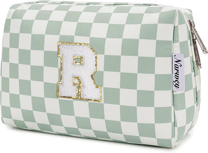 Narwey Birthday Gifts for Teen Girls Women Personalized Initial Checkered Makeup Bag Preppy Cosmetic Bag Trendy Stuff 6 8 10 11 12 13 14 16 18 Years Old Travel Toiletry Bag (Green Letter R)