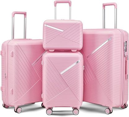 Campfun Luggage 4 Piece Sets, Expandable Carry On Luggage Set Hardshell PP, Suitcase Set with Double Spinner Wheels, Checked Durable Lightweight with TSA Lock, 14in 20in 24in 28in-Pink(B)