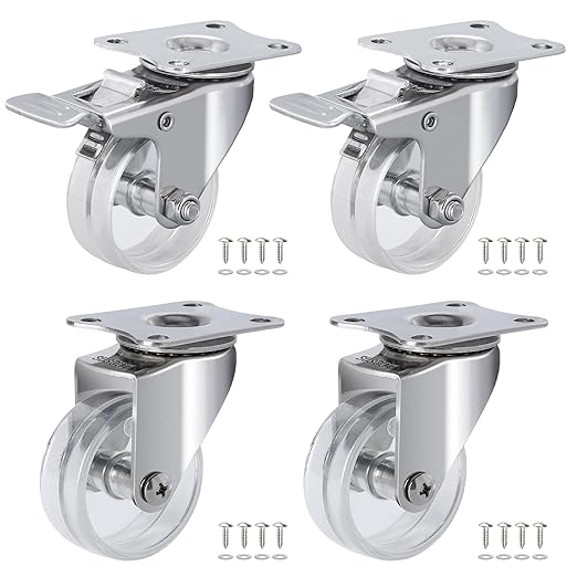 2 Inch Stainless Steel Casters, Crystal Clear Caster Wheels with Double Brake, Rust Resistant Waterproof Outdoor Swivel Castors Set of 4 for Furnitures, Labs, Hospitals, Restaurants