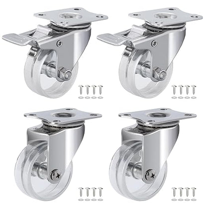 2 Inch Stainless Steel Casters, Crystal Clear Caster Wheels with Double Brake, Rust Resistant Waterproof Outdoor Swivel Castors Set of 4 for Furnitures, Labs, Hospitals, Restaurants