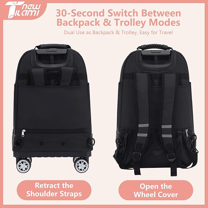 NEW TILAMI 19 Inch Rolling Backpack 360°rotating Universal Wheel, Large Organizer Compartments, Adjustable Handle, Carry on for School Students Business Travel, Pink Mountain Forest