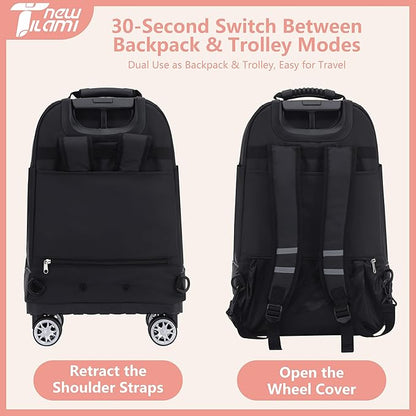 NEW TILAMI 19 Inch Rolling Backpack 360°rotating Universal Wheel, Large Organizer Compartments, Adjustable Handle, Carry on for School Students Business Travel, Pink Mountain Forest