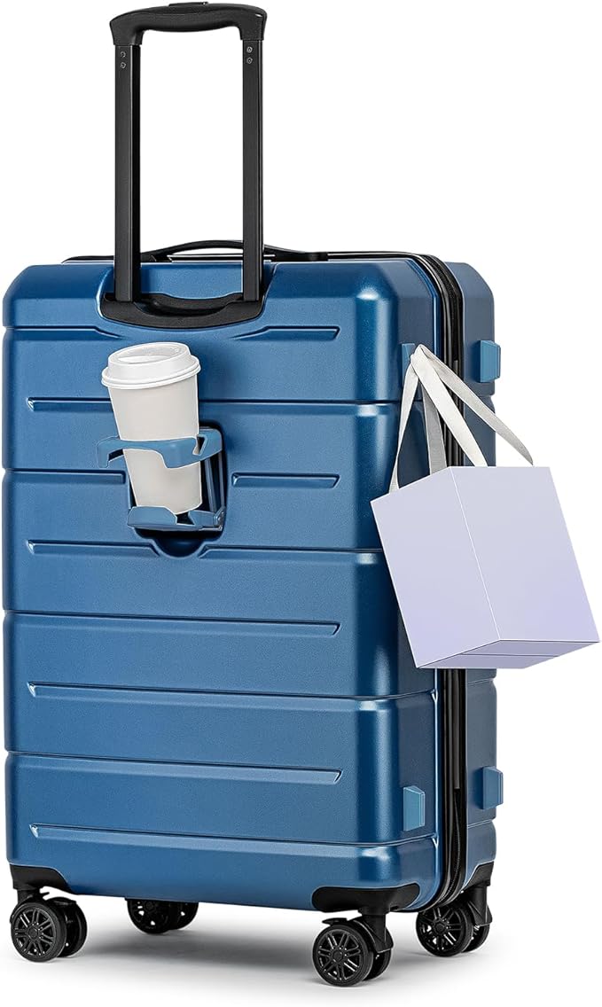 KYME 26 Inch Luggage TSA Approved Hardshell Suitcases with Spinner Wheels Durable Medium Travel Checked Luggage with Cup Holder for Women Men Blue