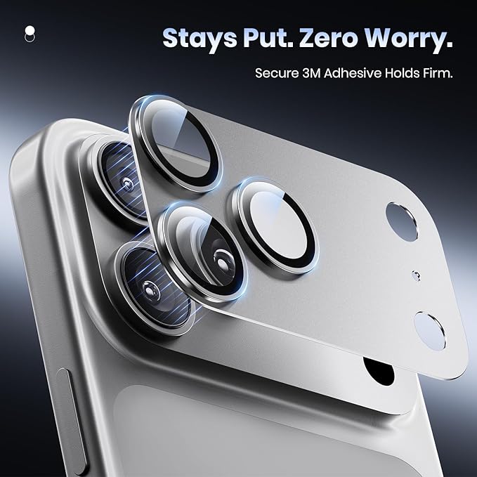 Hoerrye for iPhone 17 Pro Camera Lens Protector - [12FT Shatterproof Military Grade] [Strong Adsorption] Metal Top 9H+ Tempered Glass Camera Screen Full Protective Cover Case Friendly,Silver