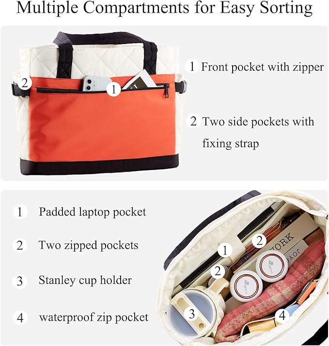 Puffer Tote Bag for Women, Work Bag with Cup Holder, Teacher Bag with Compartments, Quilted Tote Bag with Zipper for Travel