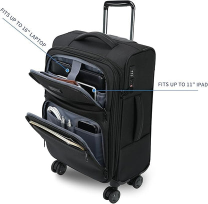 KROSER Softside Expandable Carry On Luggage with Front Business Pockets，20 Inch Suitcases with Spinner Wheels & Built-in TSA Lock, Durable Suitcase Rolling Luggage with USB Port, Black