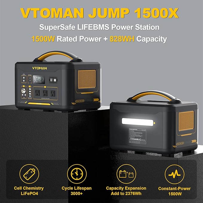 VTOMAN 2376Wh Portable Power Station with Extra Battery & 200W Solar Panel - 1500W Up to 3000W Solar Power Generator for Home Backup, Off-grid, Road Trip, RV, Camping, Fishing, Vehicle Emergency