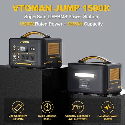 VTOMAN 2376Wh Portable Power Station with Extra Battery & 200W Solar Panel - 1500W Up to 3000W Solar Power Generator for Home Backup, Off-grid, Road Trip, RV, Camping, Fishing, Vehicle Emergency