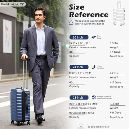 Coolife Carry On Luggage Airline Approved with Wheels Hard Shell Suitcase Spinner TSA Lock Telescopic Handle 20-inch,Blue