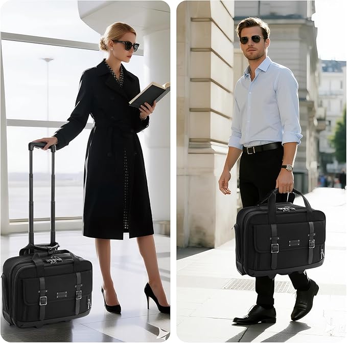 Rolling Laptop Bag, Briefcase for Men and Women, 17 Inch Computer Bag with Wheels Underseat Carry on Luggage, Laptop Briefcase Case for Work, Travel, College Teacher, Mobile Office Bag, Black