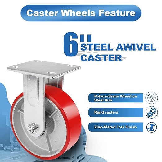Nefish 6 Inch Industrial Fix Casters Heavy Duty No Noise Polyurethane Wheel on Steel Hub, 1200 Lbs Load Capacity Per Rigid Casters for Utility Cart, Dollies (2 Pack)