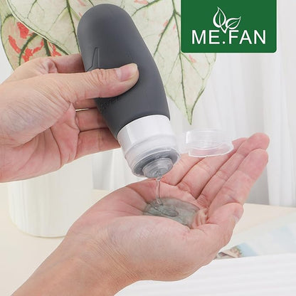 ME.FAN Travel Bottles for Toiletries, TSA Approved 3oz Travel Size Containers, Silicone Squeezable Portable Split Bottle, Travel Accessories for Conditioner, Shampoo, Lotion- 4 Pack Black/White