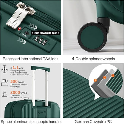 mixi Checked Luggage with Cup Phone Holder Hard Shell Rolling Travel Suitcases with Spinner Wheels,26 Inch Blackish Green