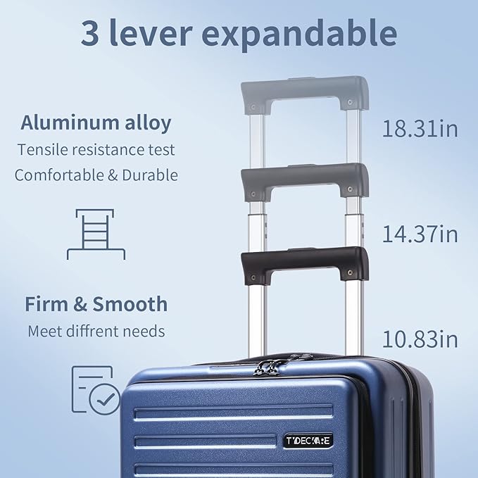 TydeCkare 20 Inch Carry On Luggage with Front Pocket, 21.65 * 15.35 * 7.87" Suitable for Airplane Overhead Bin, 34L Lightweight PC+ABS Hardshell with YKK Zipper, TSA Lock Approved, Ice Blue