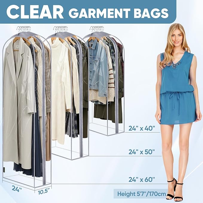 BALEINE 40'' Clear Garment Bags for Hanging Clothes, 10.5'' Wide PEVA Suit Bag for Closet Clothes Dresses Coat (Clear, 6PK)