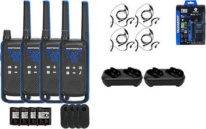 Motorola Solutions Talkabout Portable FRS T802 Two Way Radio 4 Pack Walkie Talkies Blue/Black 22 Channels 2 Dual Charger Docks 4 PTT Earpieces