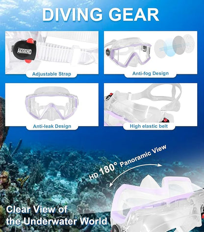 Aegend Snorkeling Gear for Adults Youth Kids, Dry Snorkel Set Panoramic View Enhanced Anti-Leak and Anti-Fog Technology, Adjustable Strap for Snorkeling Scuba Diving Swimming with Mesh Bag