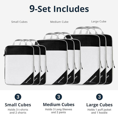 9 Set Compression Packing Cubes for Travel - Compressible, Lightweight, and Space-Saving Packing Cubes, Travel Essentials for Women, Black
