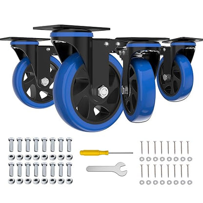 5'' Caster Wheels with Brake, Heavy Duty Casters Set of 4, Swivel Top Plate Casters with Double Ball Bearings, Industrial Locking Castor Wheels for Furniture, Workbench, Cabinet