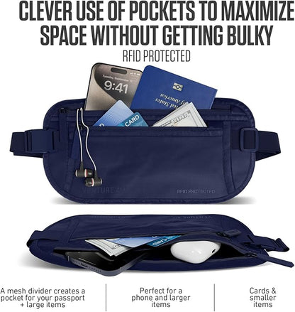 VENTURE 4TH Money Belt for Travel – Hidden Under-Clothes RFID Blocking Passport Holder & Slim Travel Wallet Pouch for Men & Women to Protect Cash, Cards & Documents (Sleek Navy Blue)