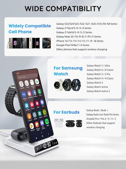 Wireless Charger for Samsung Charging Station with Clock for Samsung Galaxy S25 Ultra/S24 Ultra/Z Flip 6/5/Fold 5/Bud 2, 3 in 1 Charging Station Watch Charger for Samsung Galaxy Watch 7/6/5Pro(White)