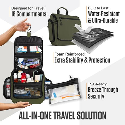 VENTURE 4TH Hanging Travel Toiletry Bag for Women & Men – Large Toiletry Organizer with 18 Compartments, Removable TSA Pouch, Travel Wash Bag for Toiletries, Makeup & Shaving Kit (Dark Green)