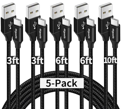 etguuds USB A to USB C Cable 5-Pack (3/3/6/6/10 ft), Fast Charging Type C Charger Cord for iPhone 17 16 15 Pro Max Plus Air, Samsung Galaxy S25 S24 S23 S22 S21 S20 A56 A17 A16, Pixel, Moto G, Black