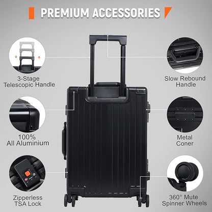 UrbanExplorer 24Inch All Aluminum Check In Luggage Heavy Duty Hard Shell Suitcases with Spinner Wheels, Zipperless Suitcase with TSA Lock, Large Luggage for Business Travel, Black